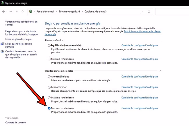 ¿Cómo poner alto rendimiento en opciones de energía?