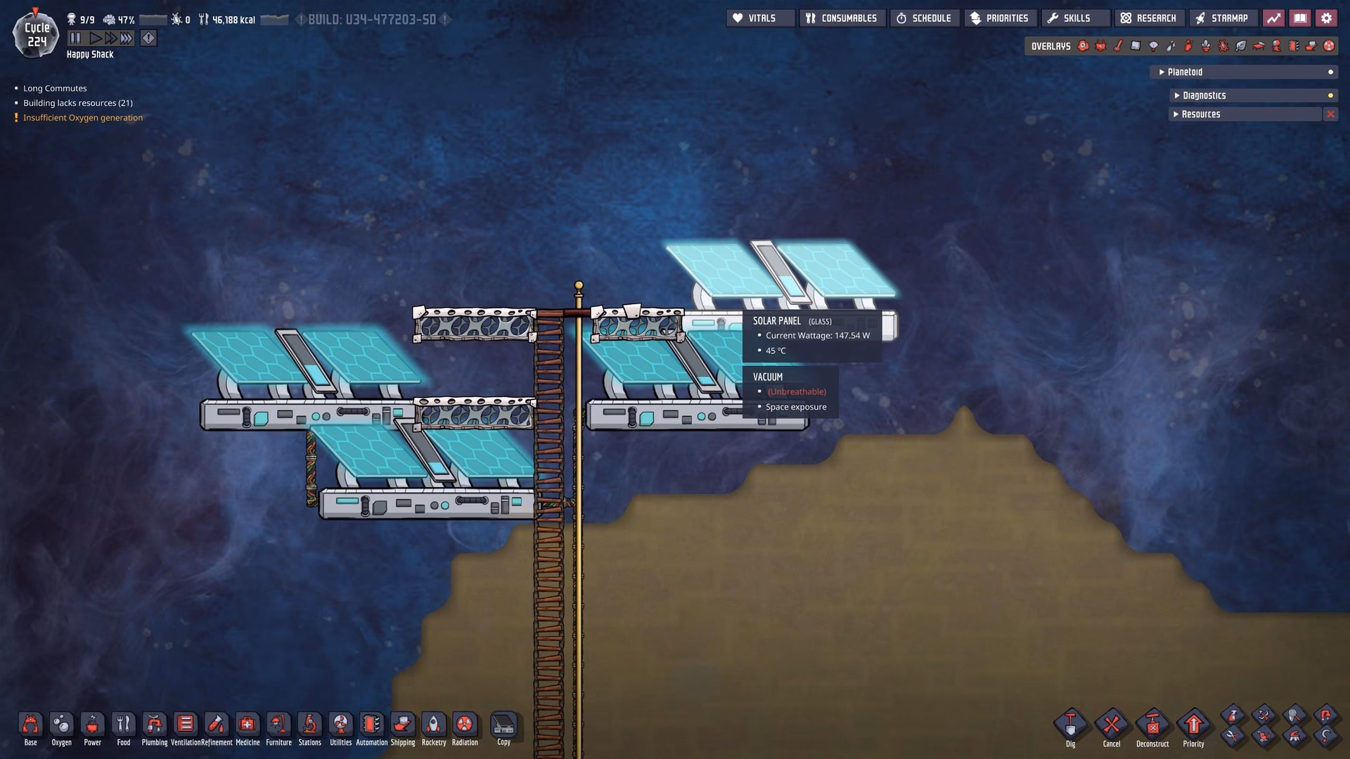 How do solar panels work in oxygen not included?